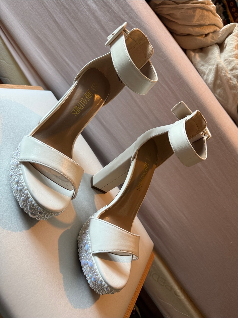 Dream Pairs White Platform Ankle-Strap Heels with Beaded Toe